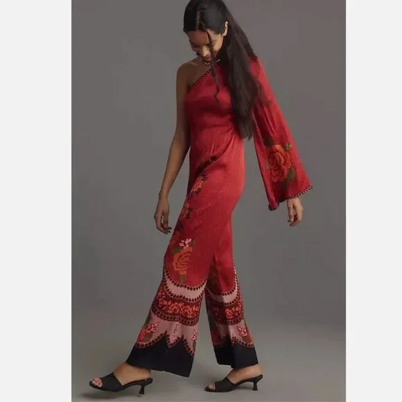 NEW Farm Rio x Anthropologie One-Shoulder Printed Satin Jumpsuit Size XS Red NWT